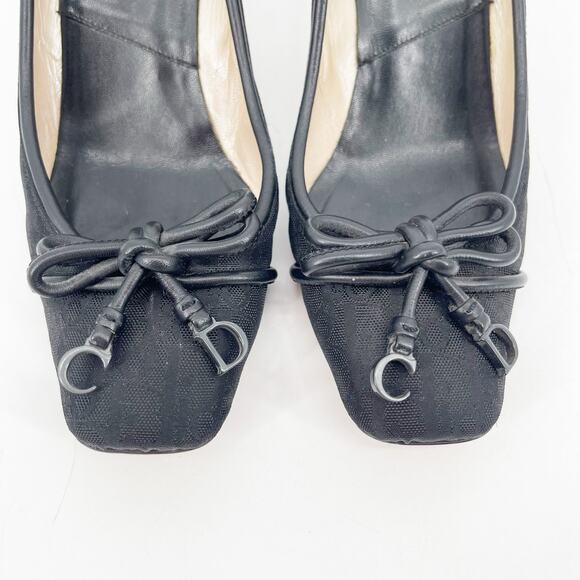 Dior Black Monogram Canvas CD Charm Bow Square Toe Mid Heel Pumps EU 37.5 - Picture 7 of 12